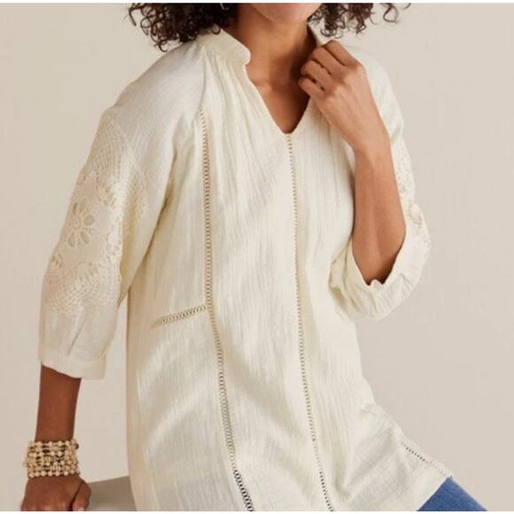 Soft Surroundings Magnolia Gauze Top Blouse Size L Ivory Crocheted Trim Lined - Picture 1 of 9